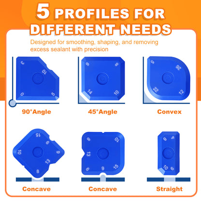 Five blue profiles for smoothing, shaping, and removing excess sealant with precision on an orange background.