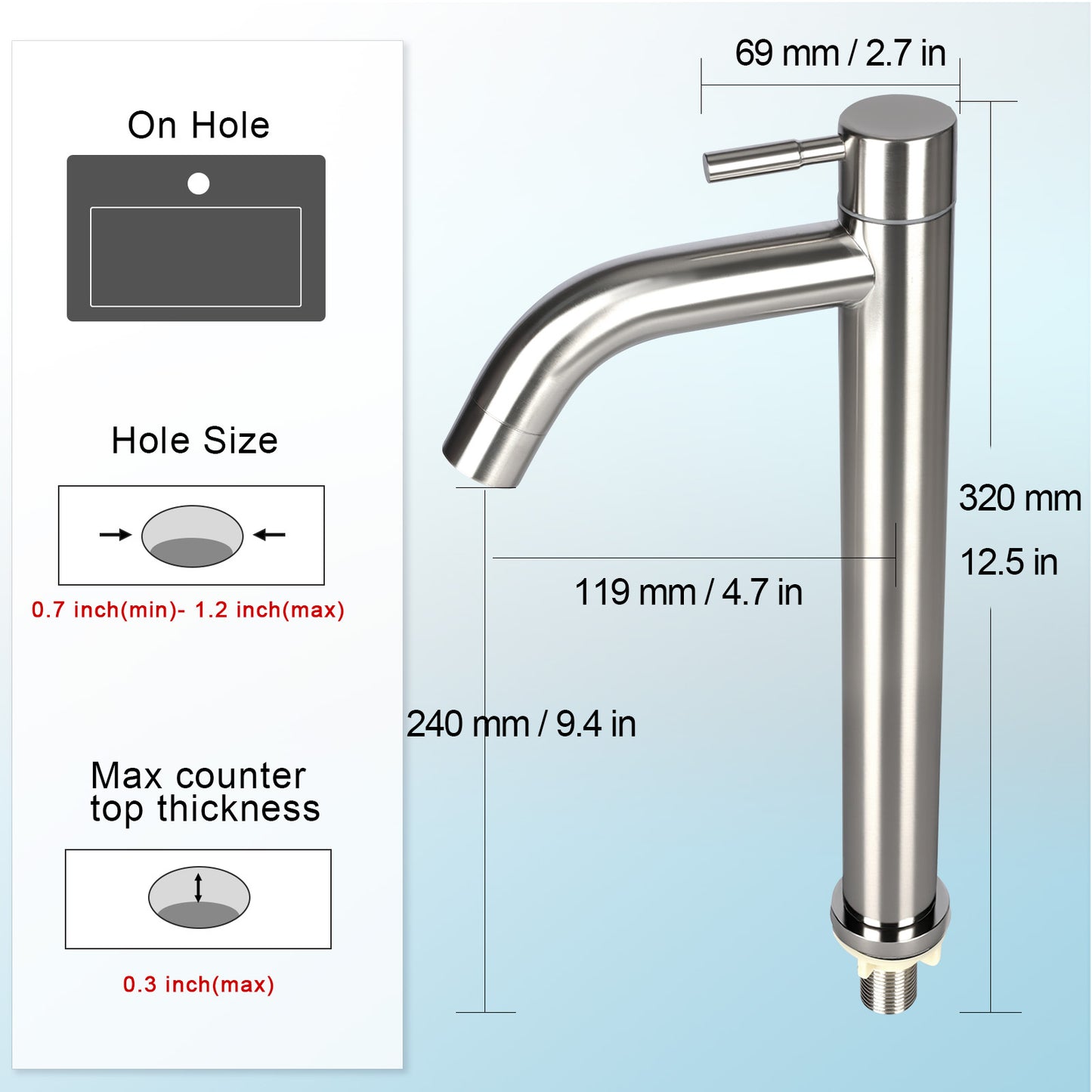 Stainless steel kitchen faucet with dimensions and installation guidelines on a light blue background