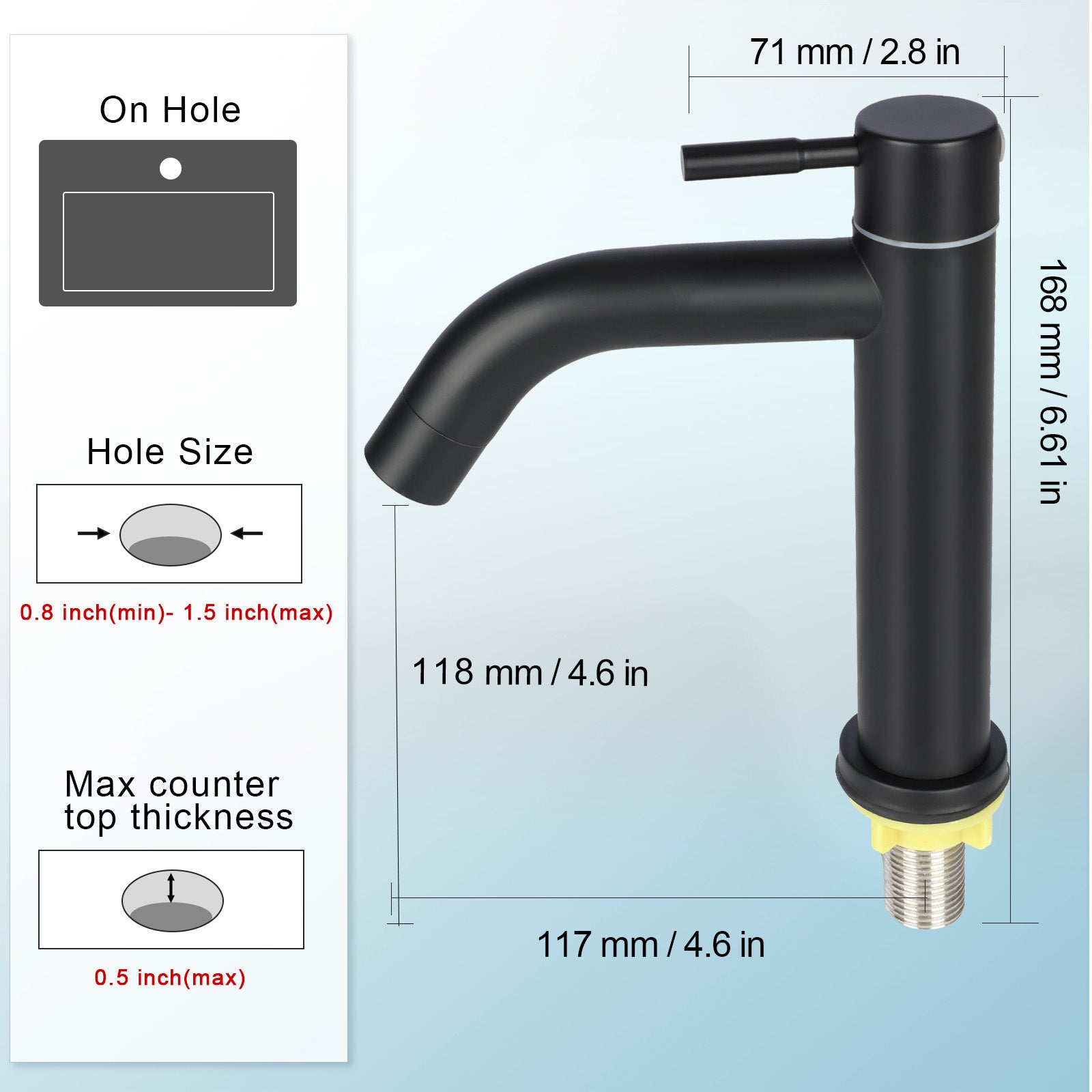 Black faucet with dimensions and installation guidelines on a light blue background