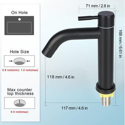 Black faucet with dimensions and installation guidelines on a light blue background