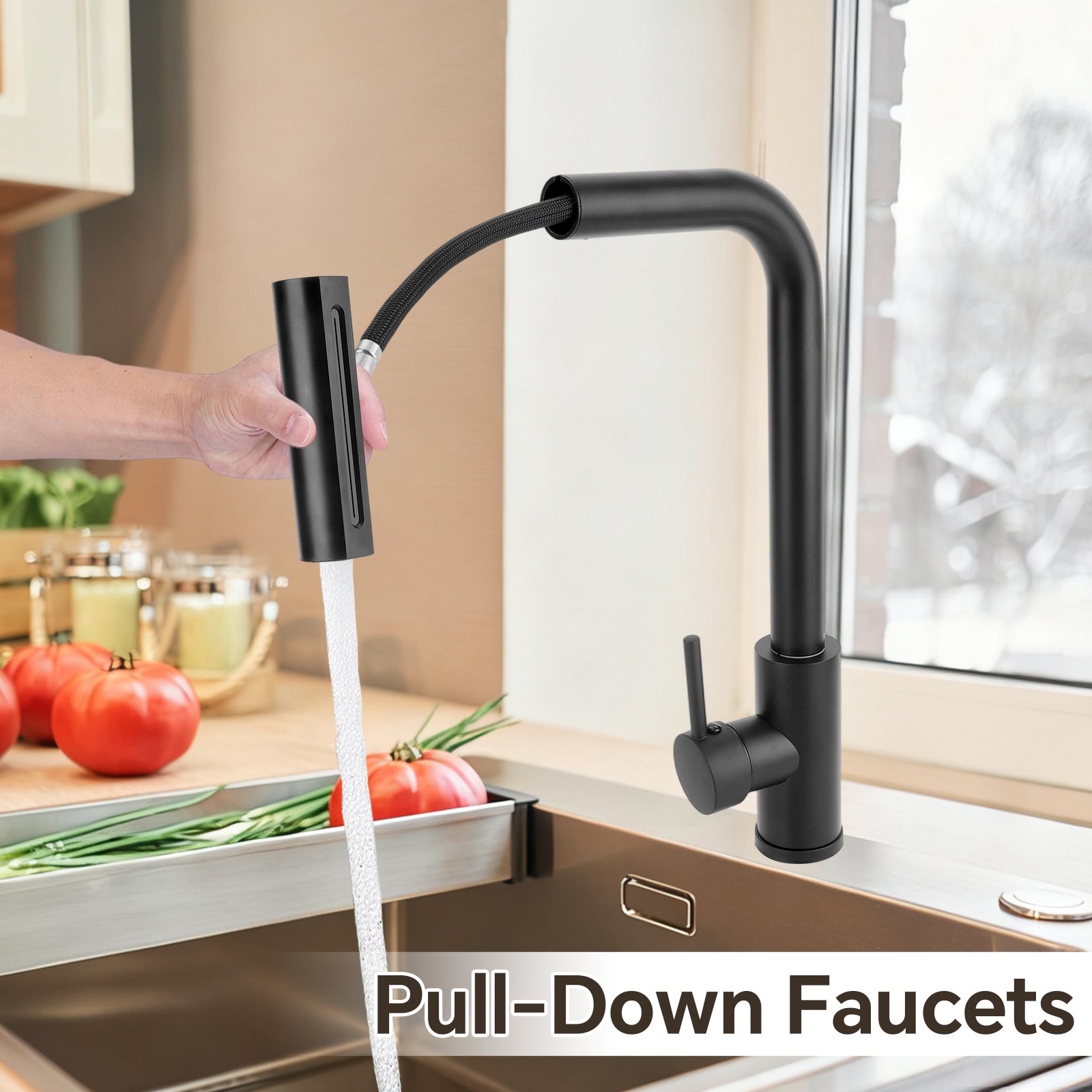 Black pull-down faucet in a kitchen setting with tomatoes and green onions.
