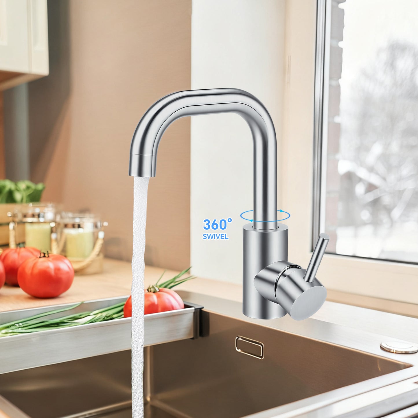Modern kitchen faucet with water flowing into a sink, set against a kitchen background.