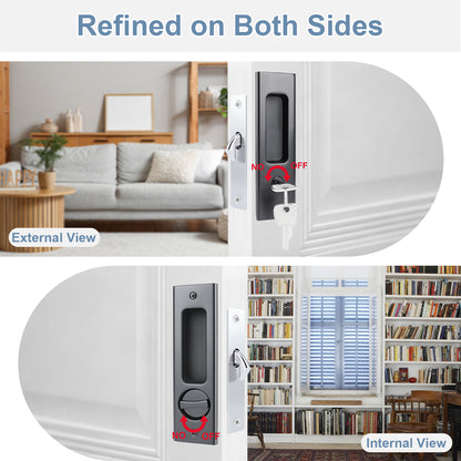 White door with electronic lock system shown from both external and internal views, set against a home interior background.