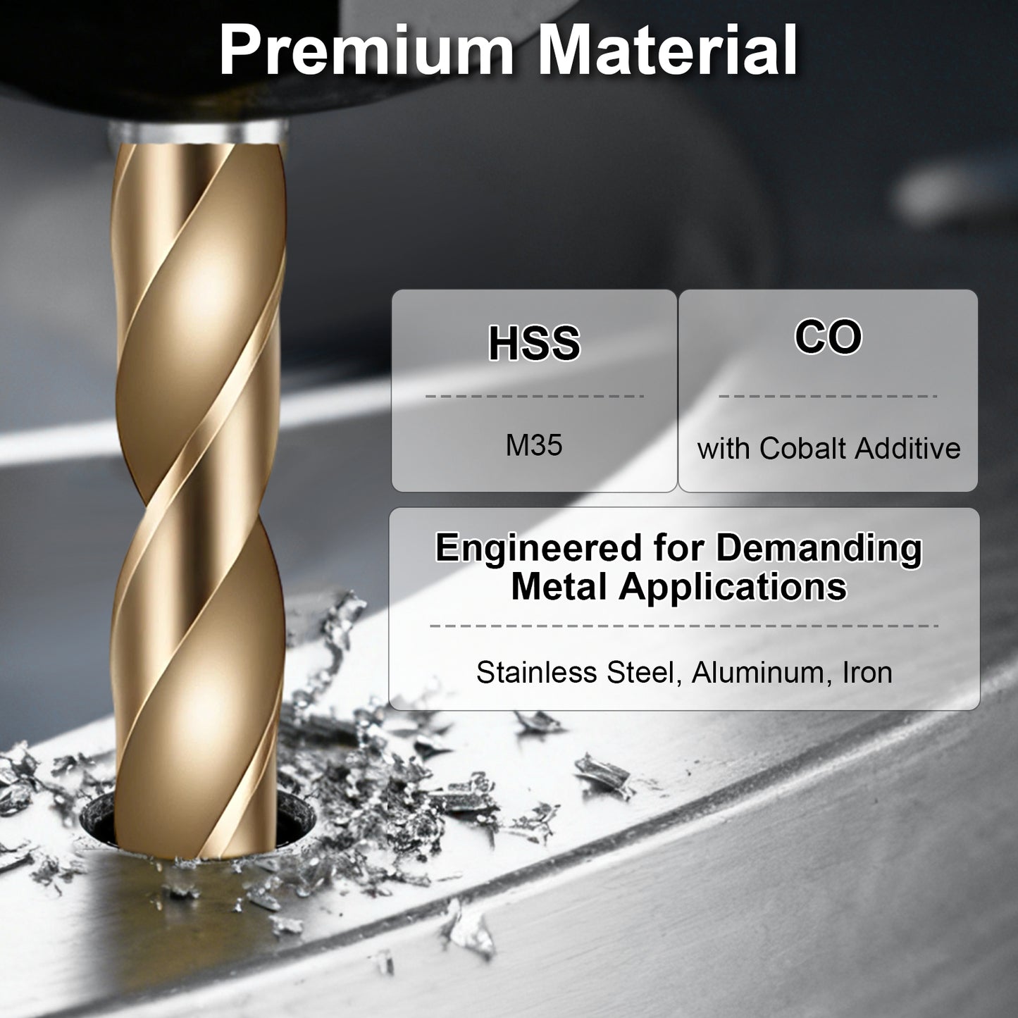 Gold drill bit with text on a metallic background