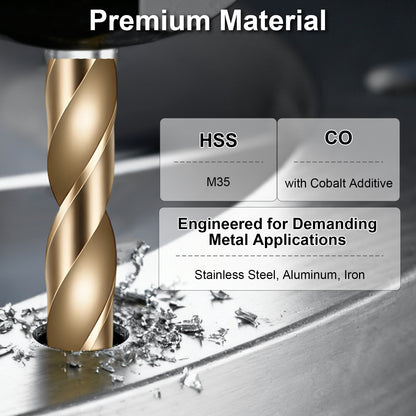 Gold drill bit with text on a metallic background