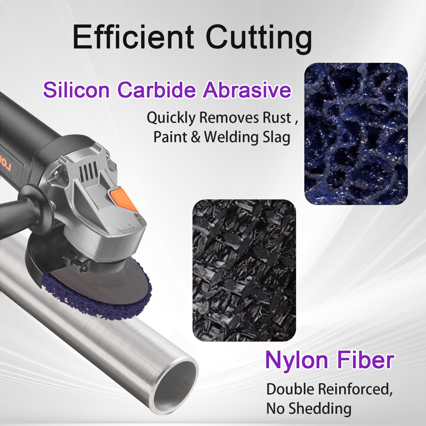 Angle grinder with silicon carbide abrasive and nylon fiber, used for efficient cutting and rust removal.
