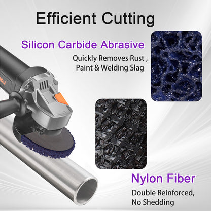 Angle grinder with silicon carbide abrasive and nylon fiber, used for efficient cutting and rust removal.
