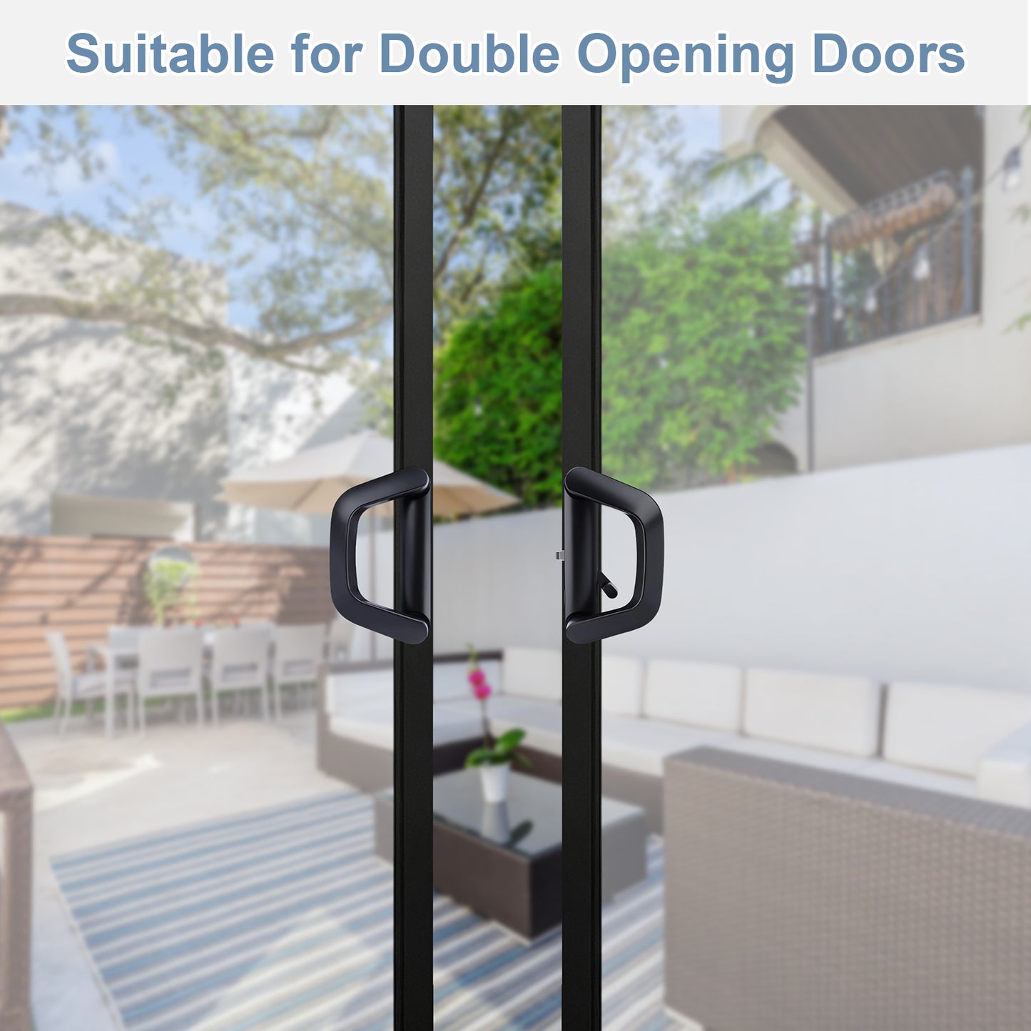 Black double-hung sliding door handles shown on glass doors with an outdoor patio background and the text 'Suitable for Double Opening Doors' at the top.