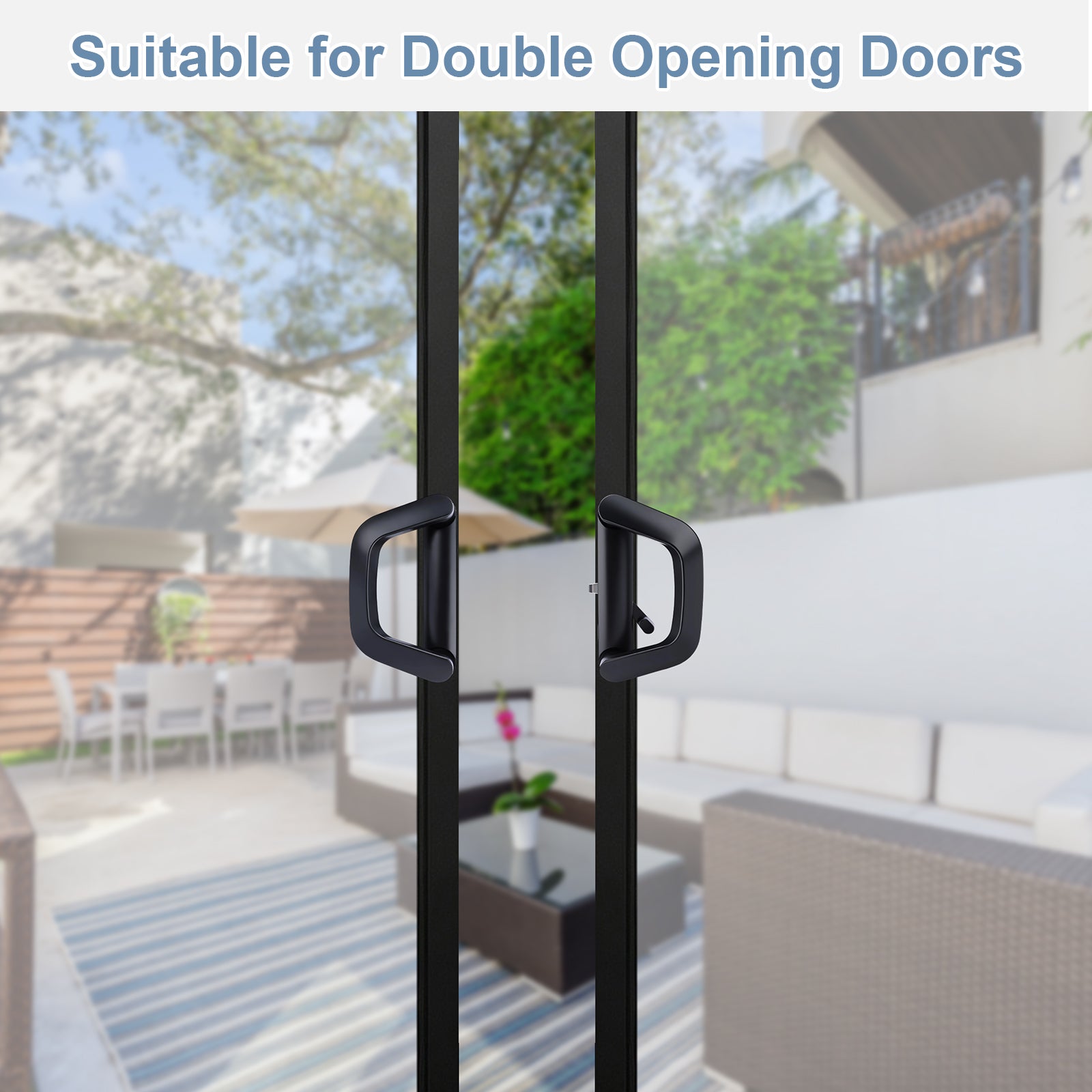 Black double-hung sliding door handles shown on glass doors with an outdoor patio background and the text 'Suitable for Double Opening Doors' at the top.