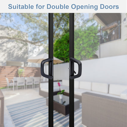 Black double-hung sliding door handles shown on glass doors with an outdoor patio background and the text 'Suitable for Double Opening Doors' at the top.
