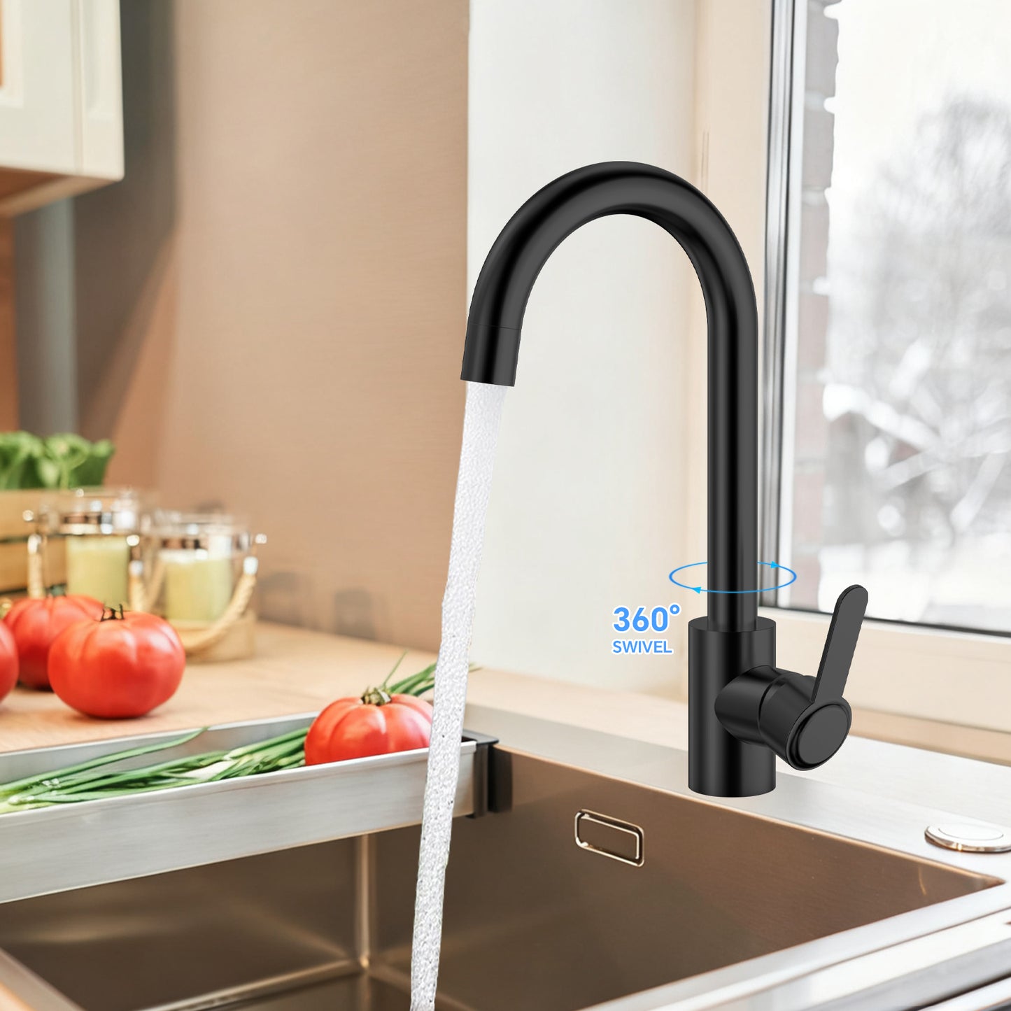 Black kitchen faucet with 360-degree swivel feature in a modern kitchen setting.