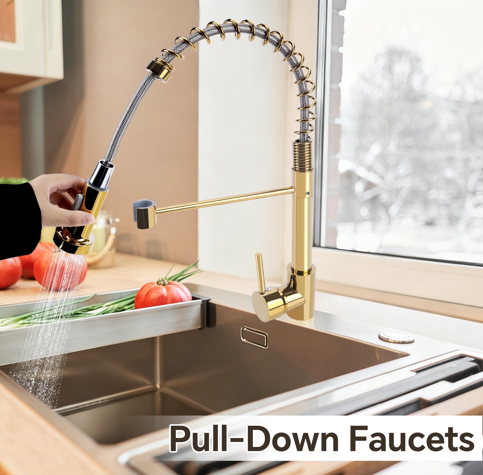 Gold pull-down faucet over a kitchen sink with vegetables on the counter.