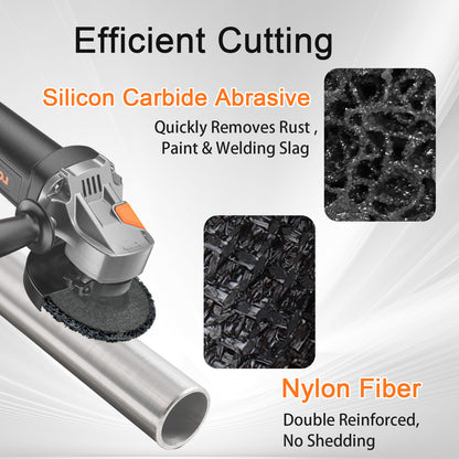 Angle grinder with silicon carbide abrasive and nylon fiber features on a gray background