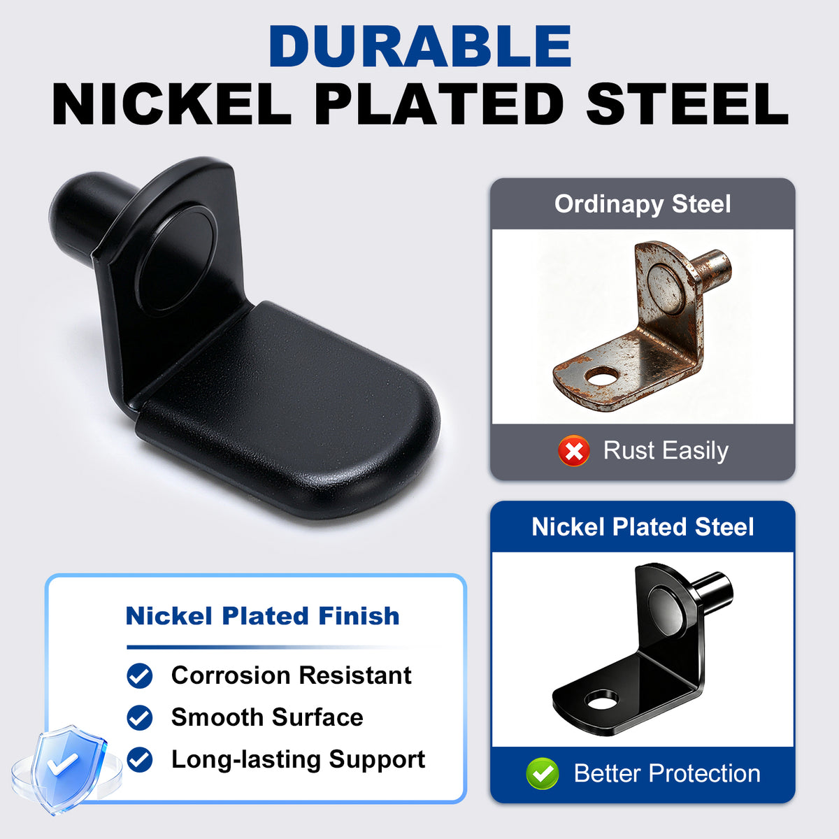 A black nickel-plated steel bracket shown on a light gray promotional graphic with text comparing it to ordinary steel, plus feature callouts for corrosion resistance and smooth finish.