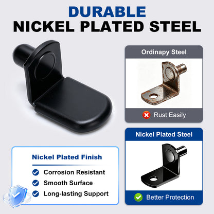 A black nickel-plated steel bracket shown on a light gray promotional graphic with text comparing it to ordinary steel, plus feature callouts for corrosion resistance and smooth finish.
