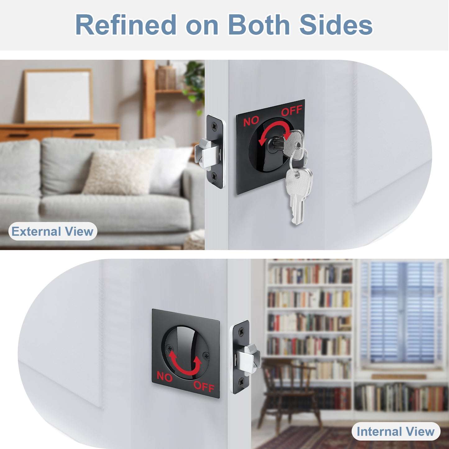 Lock mechanism with key on a door, showing both external and internal views in a home setting.