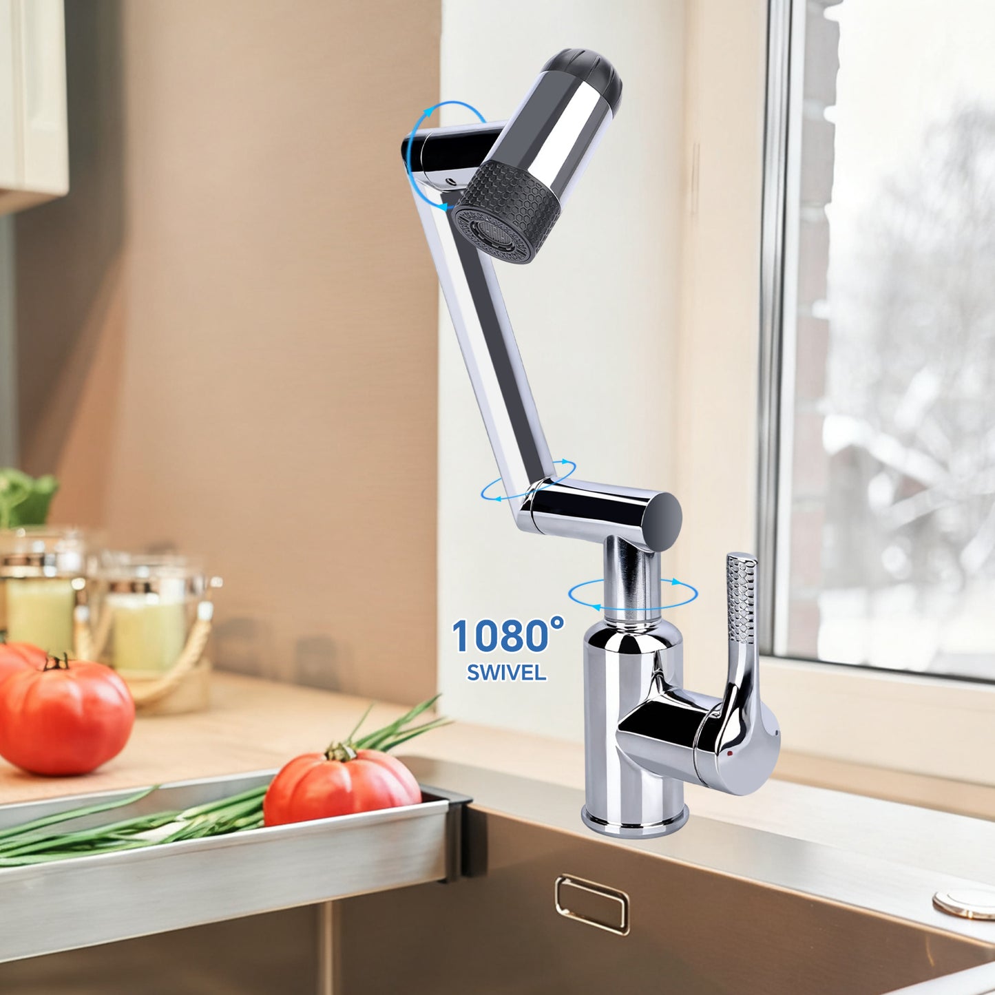 Chrome kitchen faucet with 1080-degree swivel feature in a kitchen setting.