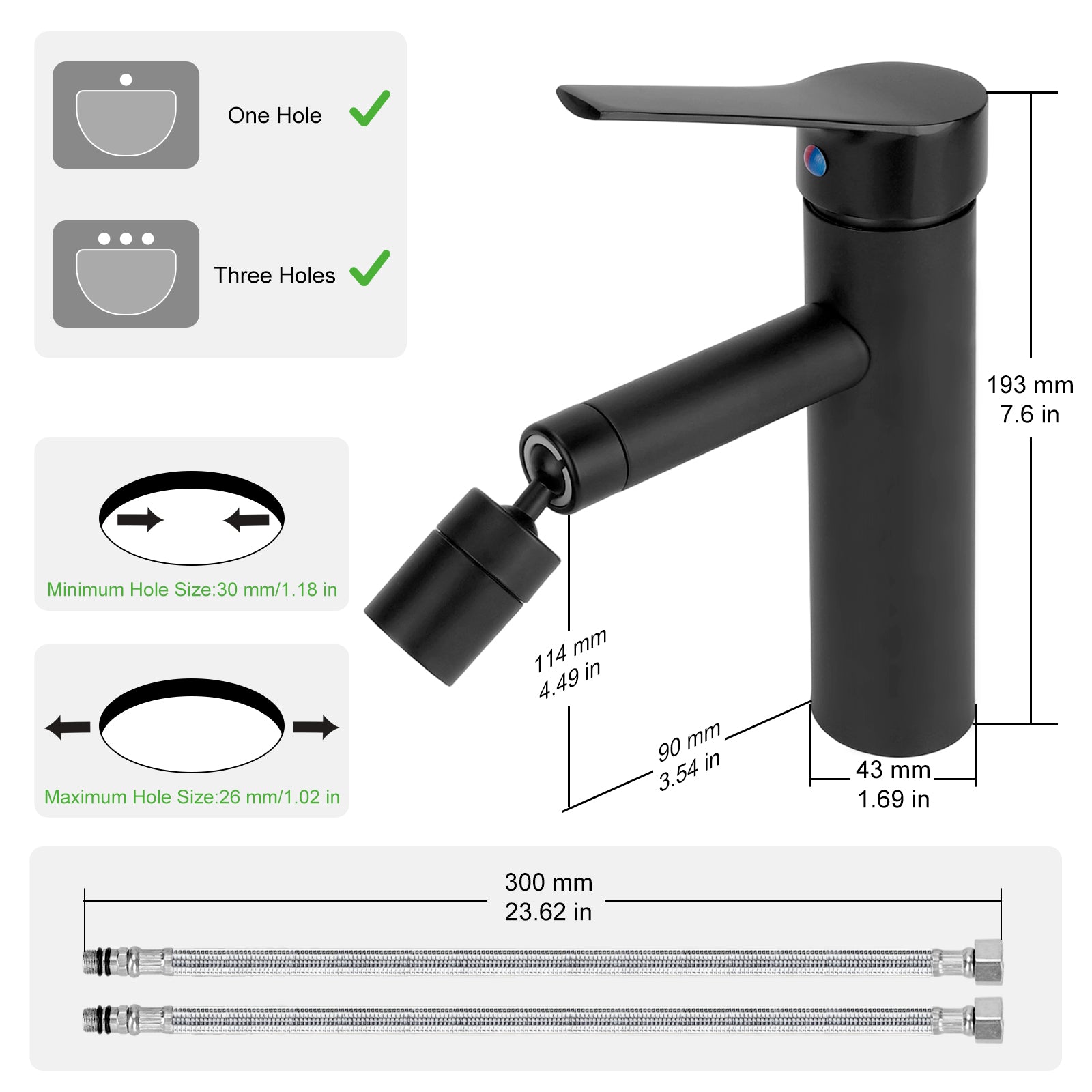 Black faucet with dimensions and installation guidelines on a white background