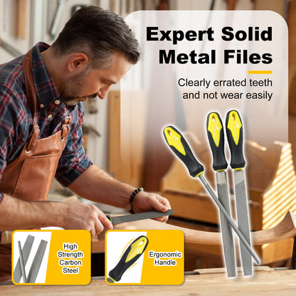 Man using a file with text about expert solid metal files and product features.