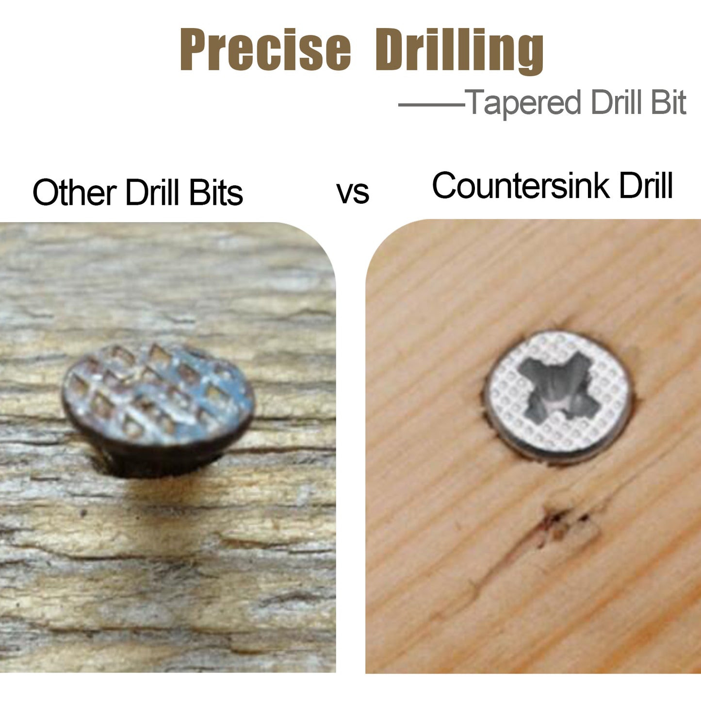 Comparison of tapered drill bit, other drill bits, and countersink drill bit on wooden surfaces.