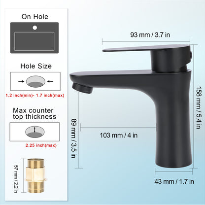 Black faucet with dimensions and installation details on a white background