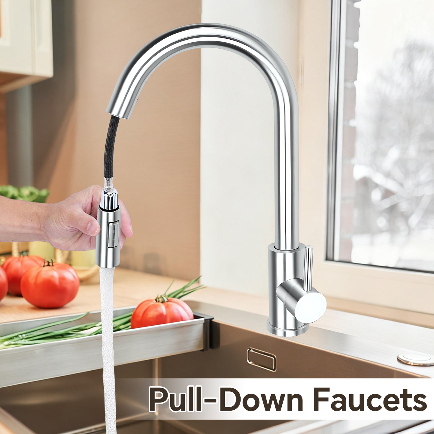 Pull-down faucet in a kitchen setting with a hand demonstrating its use.