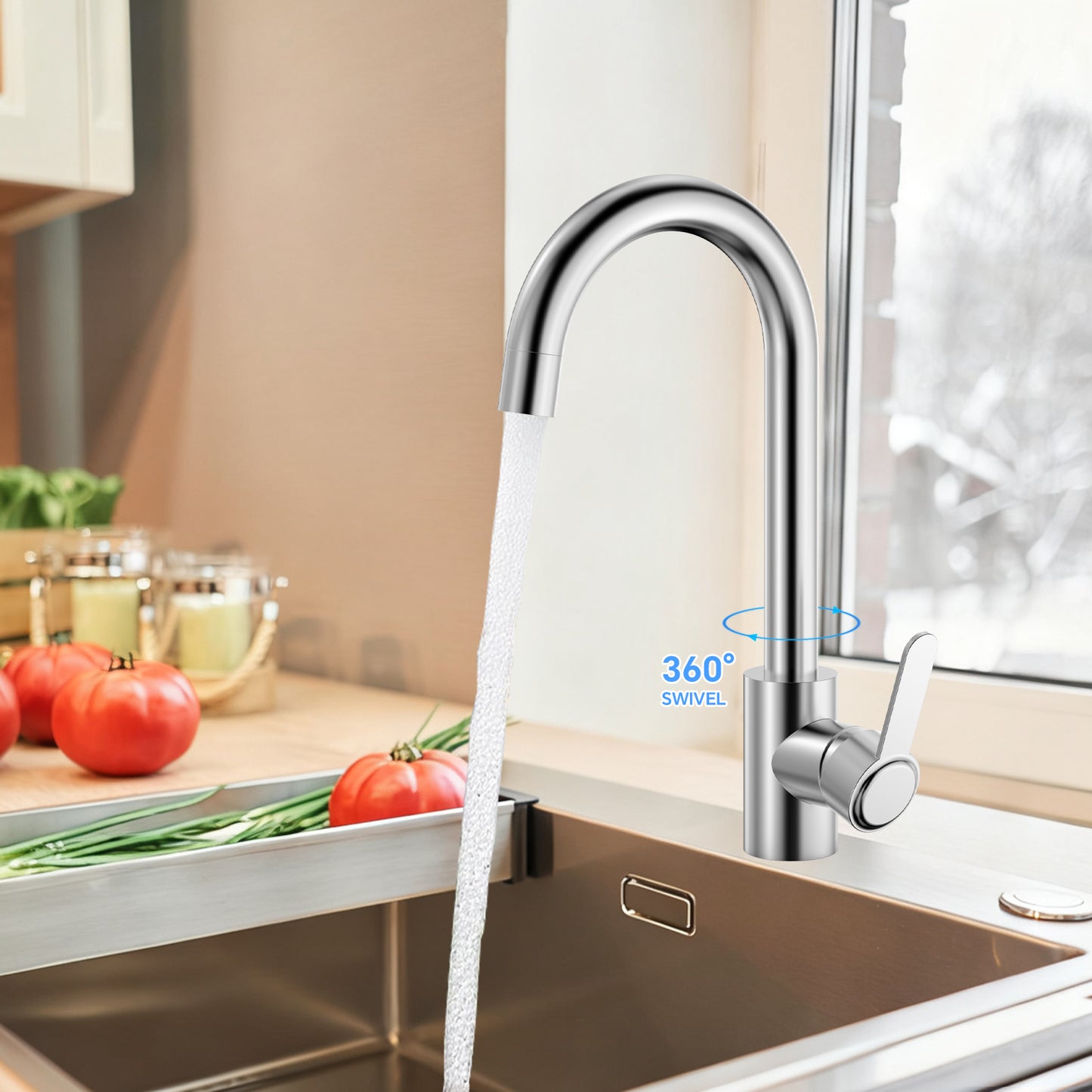 Modern kitchen faucet with a 360-degree swivel feature in a kitchen setting.
