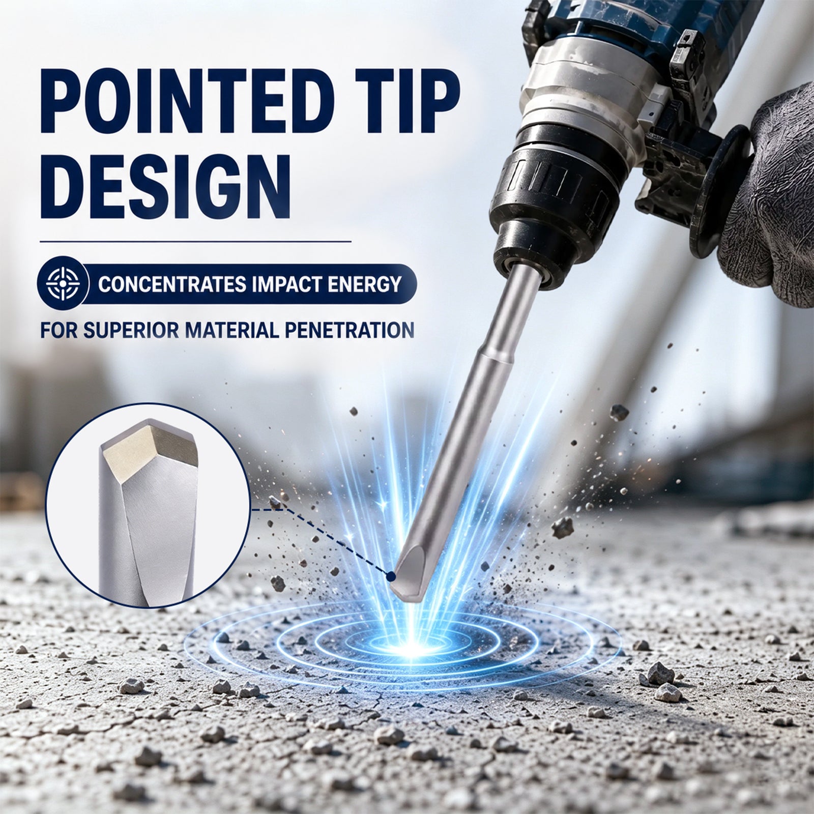 A close-up promotional graphic showing a drill with a pointed metal tip penetrating concrete, with large text reading 'POINTED TIP DESIGN' and supporting callouts about concentrating impact energy. An inset circle shows the sharpened tip detail.
