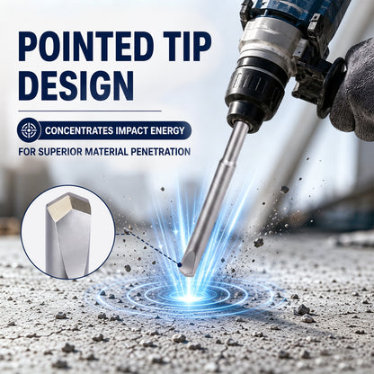A close-up promotional graphic showing a drill with a pointed metal tip penetrating concrete, with large text reading 'POINTED TIP DESIGN' and supporting callouts about concentrating impact energy. An inset circle shows the sharpened tip detail.