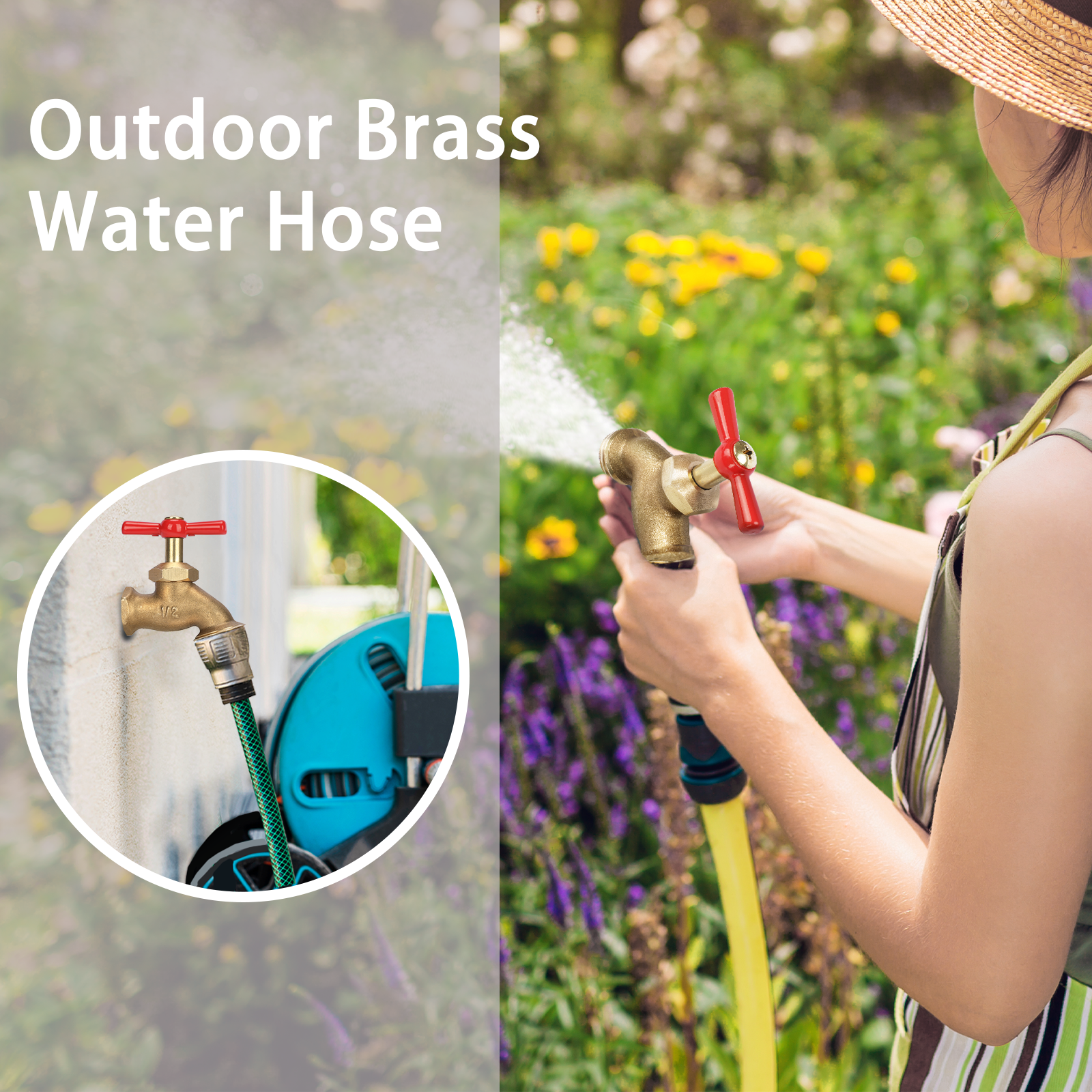 Person using a brass water hose in a garden with close-up of the hose and nozzle.