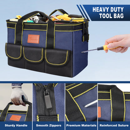 12-Inch Tool Bag, Wide Mouth Tote with Hard Bottom & Pockets Organizer