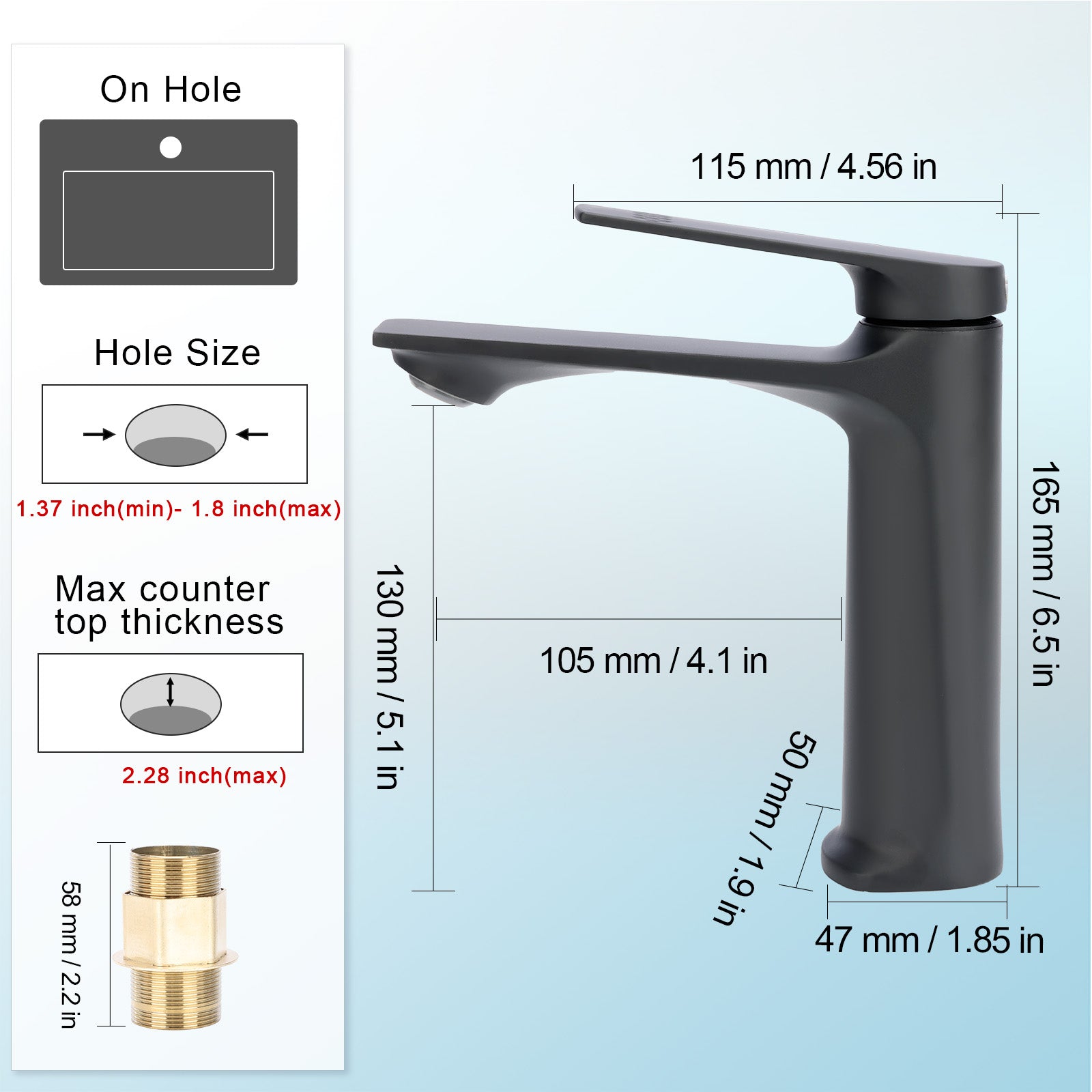 Black faucet with dimensions and installation guidelines on a light blue background