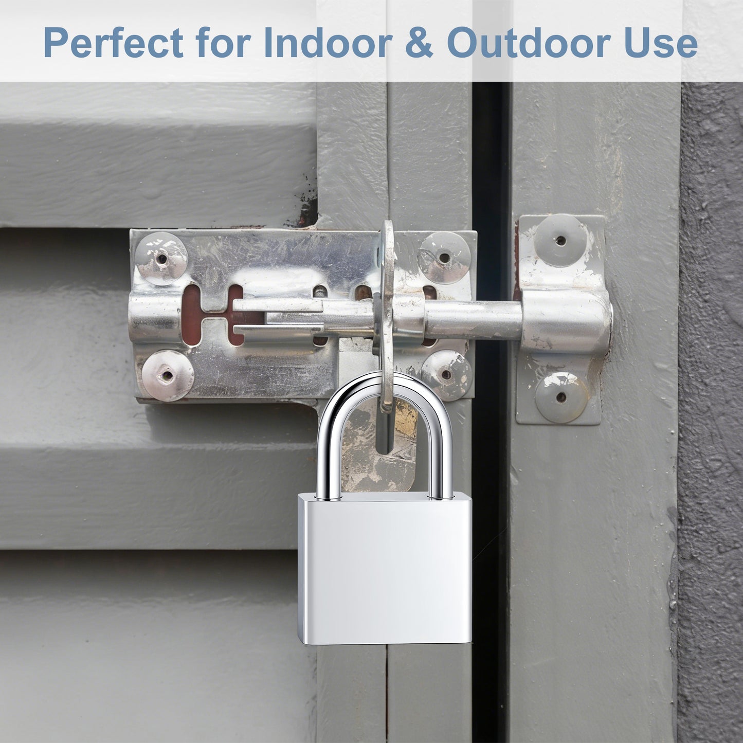 Metal lock on a gate with text 'Perfect for Indoor & Outdoor Use'.