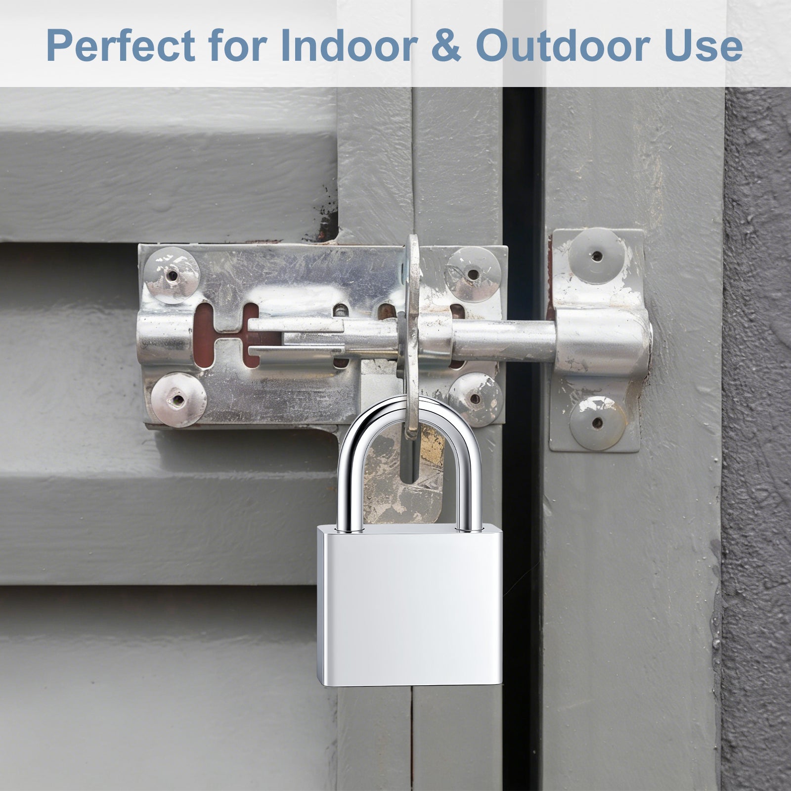 Metal lock on a gate with text 'Perfect for Indoor & Outdoor Use'.