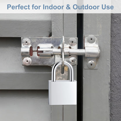 Metal lock on a gate with text 'Perfect for Indoor & Outdoor Use'.
