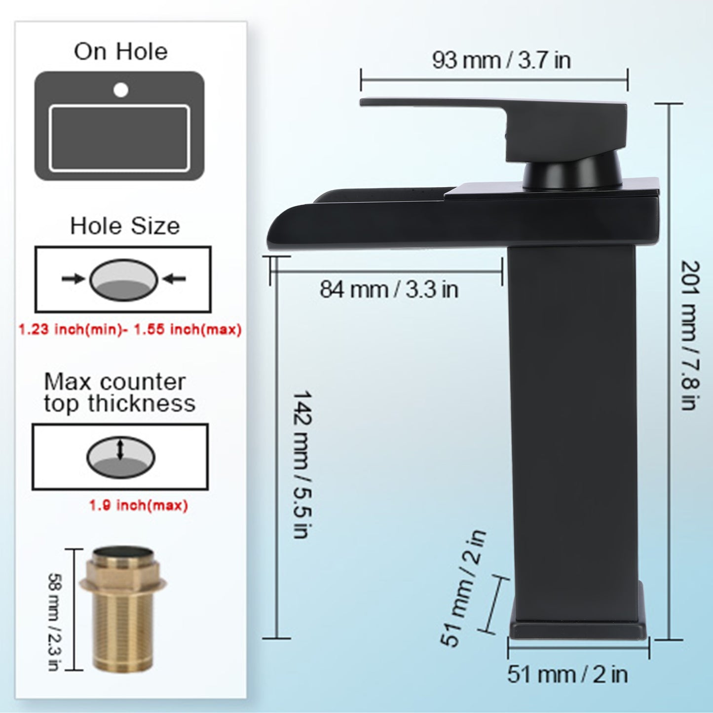 Black faucet with dimensions and installation instructions on a white background
