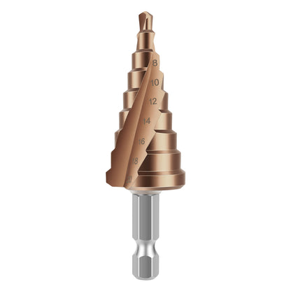 A copper-colored step drill bit with a silver hex shank, shown vertically on a plain white background.