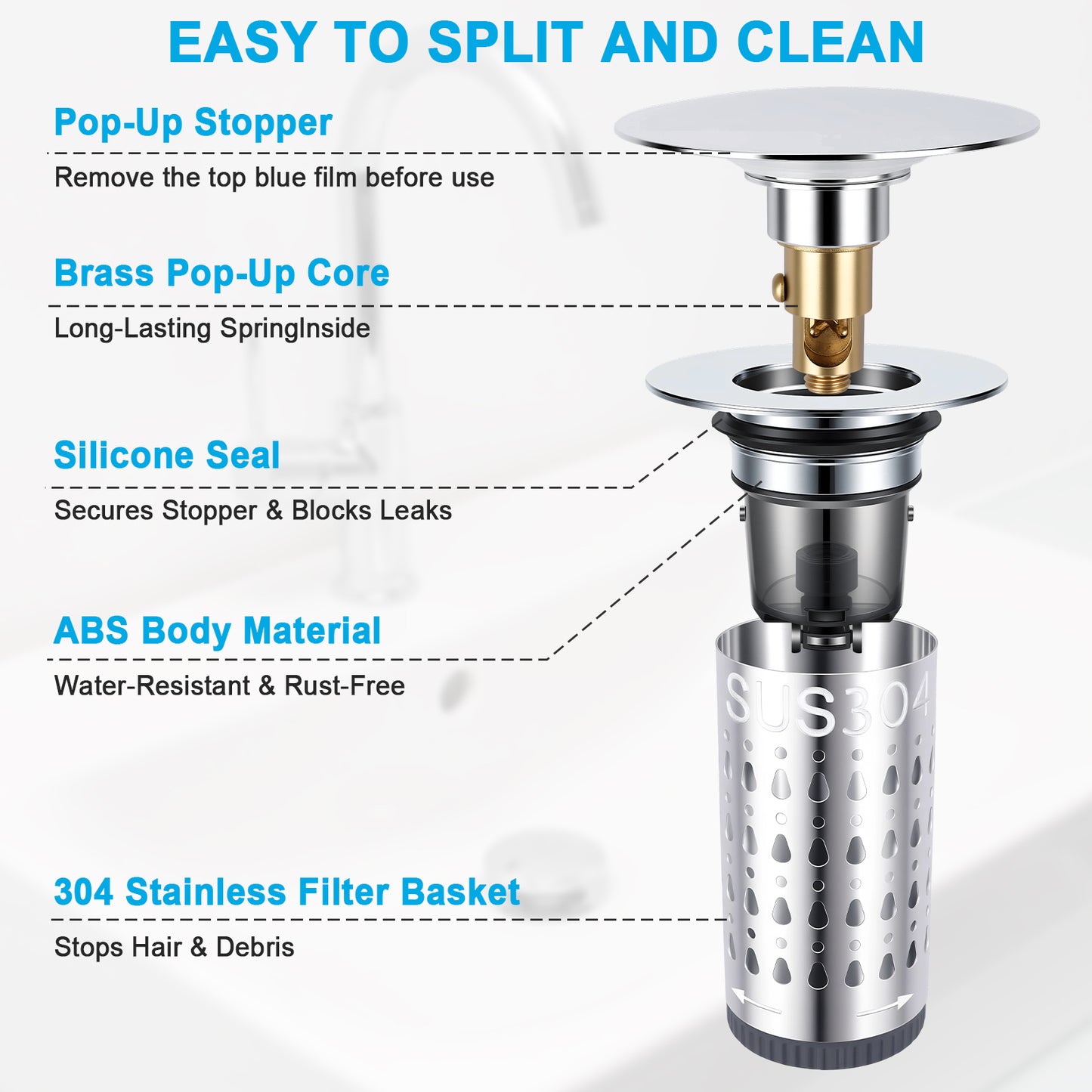 A sink drain filter assembly shown on a white background with callout text labels explaining features such as pop-up stopper, brass pop-up core, silicone seal, ABS body material, and 304 stainless filter basket.
