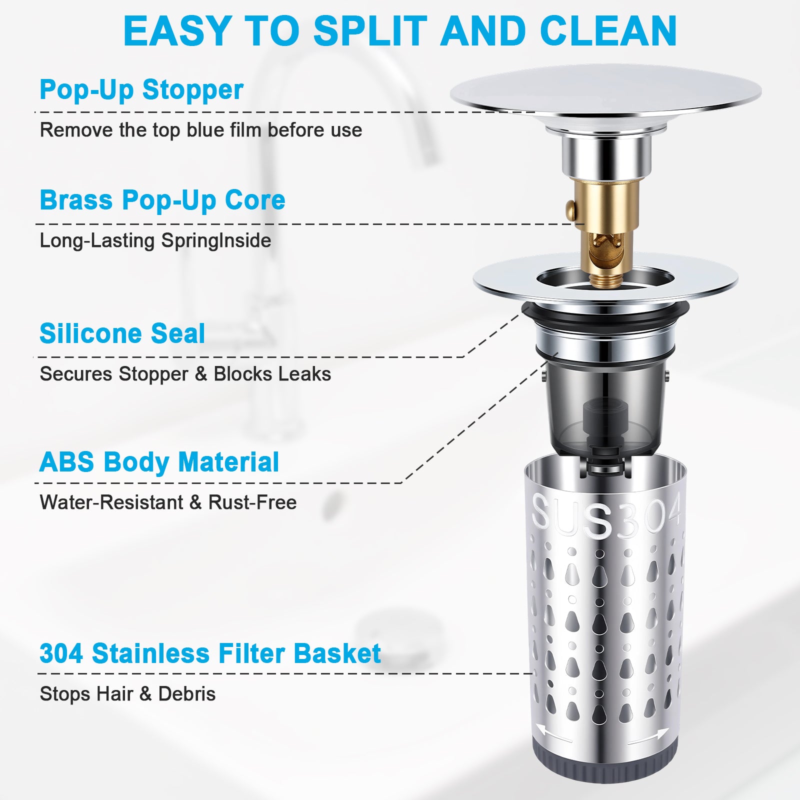 A sink drain filter assembly shown on a white background with callout text labels explaining features such as pop-up stopper, brass pop-up core, silicone seal, ABS body material, and 304 stainless filter basket.