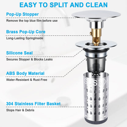 A sink drain filter assembly shown on a white background with callout text labels explaining features such as pop-up stopper, brass pop-up core, silicone seal, ABS body material, and 304 stainless filter basket.