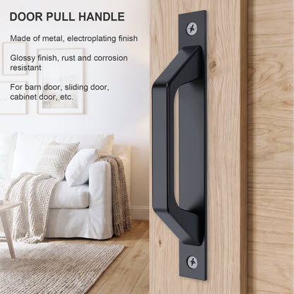 A matte black metal door pull handle mounted on a light wood door, shown next to a living room background with text describing its corrosion-resistant electroplating finish.