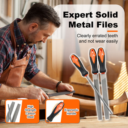 Man using a file with text about expert solid metal files and product features.