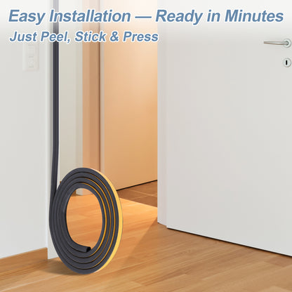 Door weather stripping with text 'Easy Installation — Ready in Minutes Just Peel, Stick & Press' on a white background.
