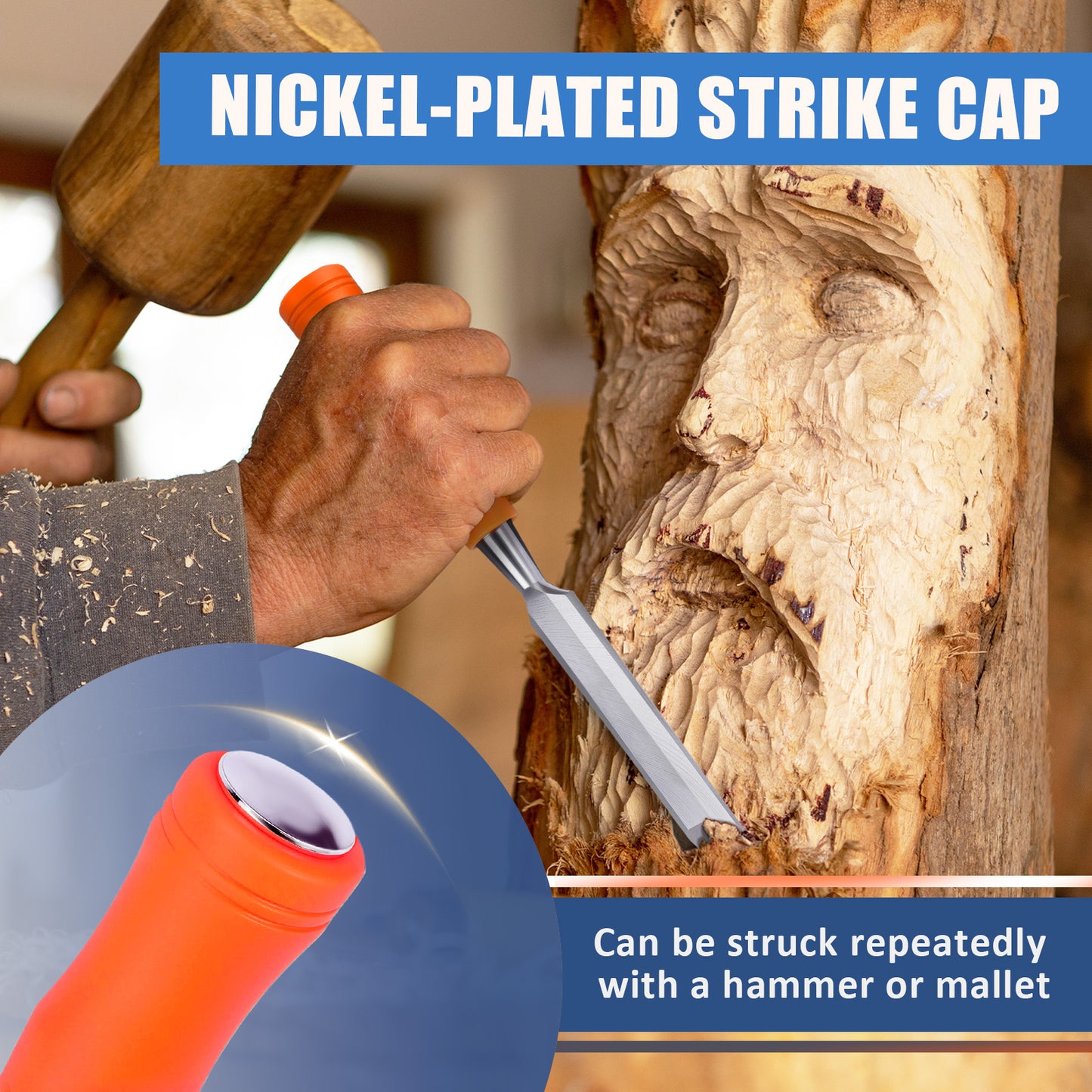 Person carving wood with a chisel and hammer, highlighting a nickel-plated strike cap feature.