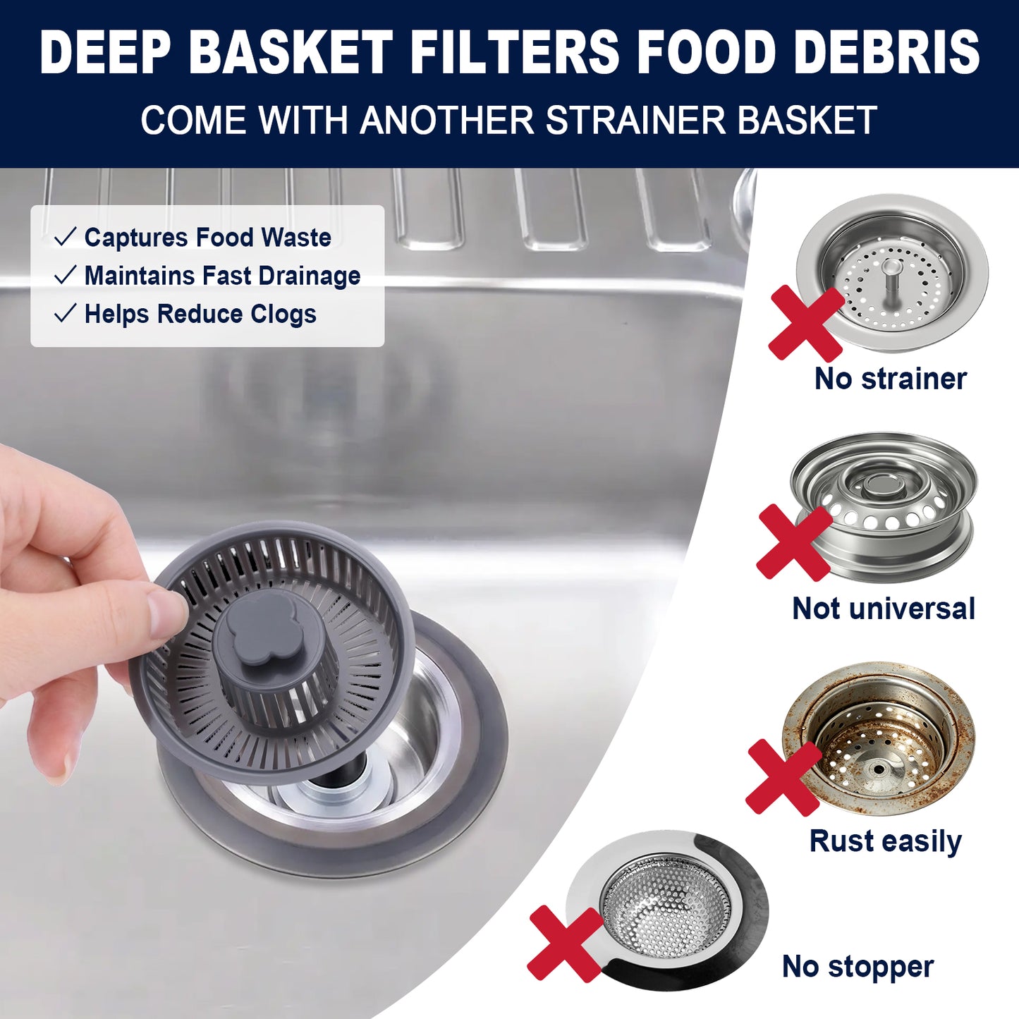 A hand holds a dark gray round strainer basket over a stainless steel sink drain. The image includes marketing text reading 'DEEP BASKET FILTERS FOOD DEBRIS' and 'COME WITH ANOTHER STRAINER BASKET,' plus comparison graphics showing sink drains with red X marks for 'No strainer,' 'Not universal,' 'Rust easily,' and 'No stopper.
