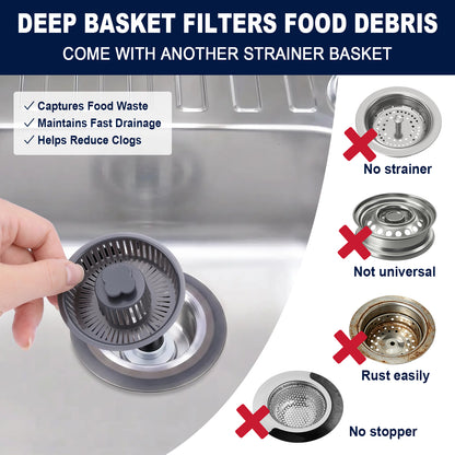 A hand holds a dark gray round strainer basket over a stainless steel sink drain. The image includes marketing text reading 'DEEP BASKET FILTERS FOOD DEBRIS' and 'COME WITH ANOTHER STRAINER BASKET,' plus comparison graphics showing sink drains with red X marks for 'No strainer,' 'Not universal,' 'Rust easily,' and 'No stopper.
