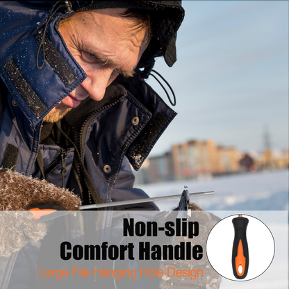 Person using a tool with a non-slip comfort handle in a snowy environment