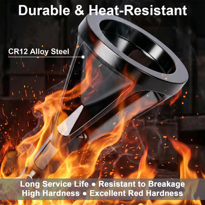 A black metal cone-shaped tool or filter component made of CR12 alloy steel, shown with flames and sparks around it to demonstrate heat resistance. Text overlays highlight its durability and hardness.