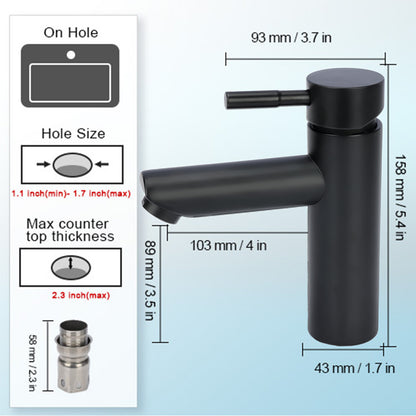 Black faucet with dimensions and installation instructions on a white background