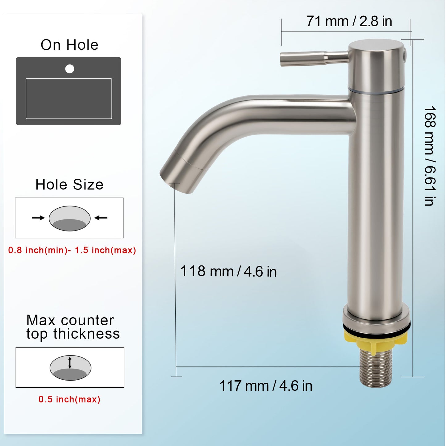 Stainless steel sink faucet with dimensions and installation guidelines on a light blue background